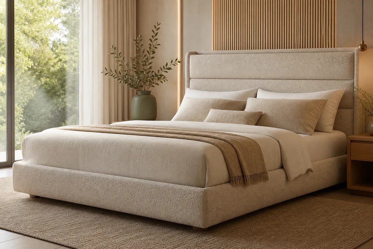 Cama estofada em quarto sofisticado