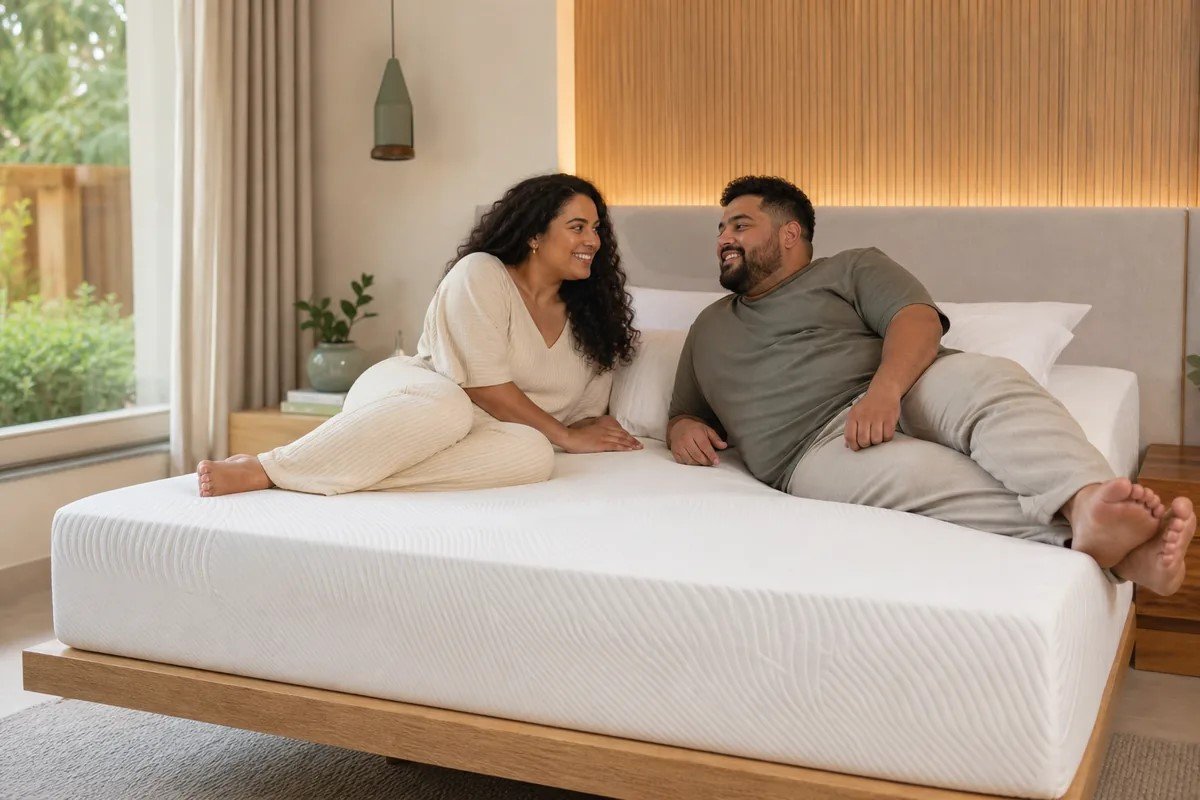 Casal descansando em uma cama, representando a escolha de colchão para biotipos diferentes